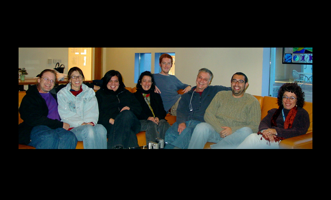 image: Artists in residence and guest (left to right: Lane Ikenberry, Sandy Chism, Michelle Mehri, Anne Boudreau, Zach Keeting,  David DuBose, Gabe Gomez, and Sharon Kessler) at the Sante Fe Art Institute, January 2006, Santa Fe, New Mexico., andlink to: about: snapshots 2