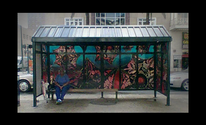 public art image: The TransArt Public Art Commission / BIG Wish, 2008, digital image decal on street car shelter (corner Carondelet and   Canal Streets), Downtown Development District, New Orleans, LA, and link to: public art: New Orleans Downtown Developement District Streetcar Shelter Project5