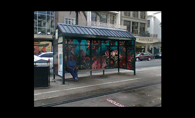 public art image: The TransArt Public Art Commission / BIG Wish, 2008, digital image decal on street car shelter (corner Carondelet and   Canal Streets), Downtown Development District, New Orleans, LA