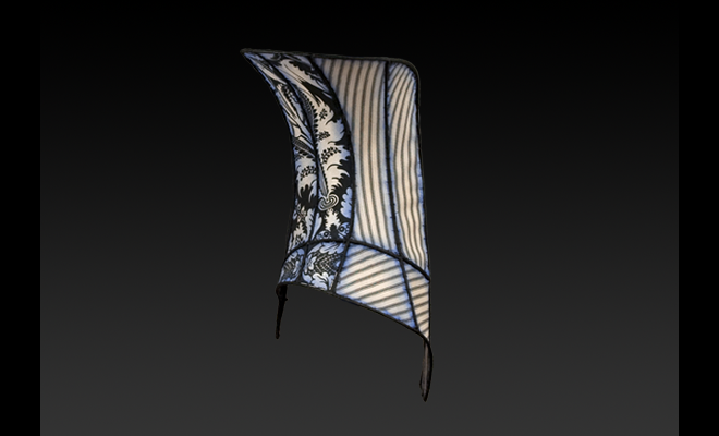 image: Difference Series: Corset (side view), 2009, suspended mixed media construction: galvanized wire, seine twine,   cotton floral toile, cotton black striped ticking (27" x 10.25" x 21.5") blue, and link to: sculpture: difference19