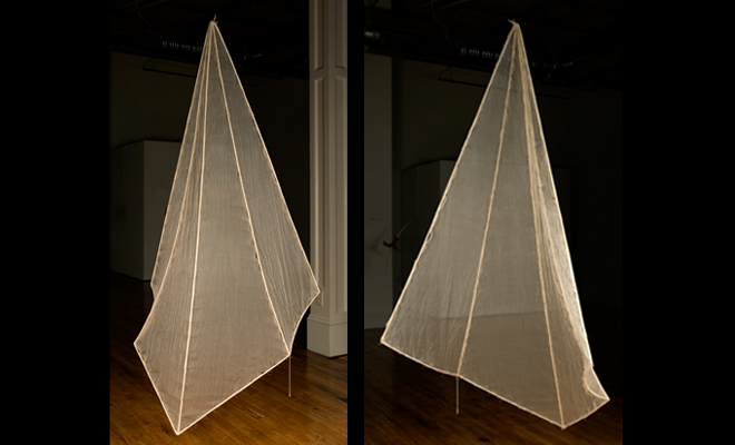 image: Elements: Fire (back and side views), 2009, suspended mixed media construction: galvanized wire,   seine twine, quilting thread, tea stained organza silk (82” x 42” x 44”), and link to: sculpture: elements3