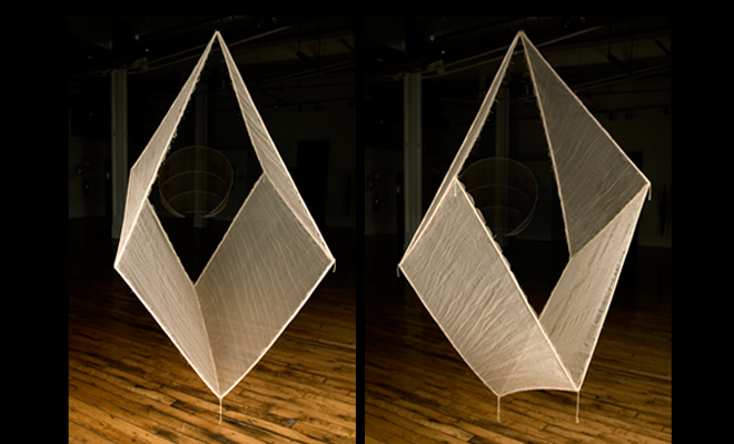 image: Elements: Earth (front and three-quarter front views), 2009, suspended mixed media construction: galvanized wire,   seine twine, quilting thread, tea stained organza silk (74” x 41” x 37”), and link to: sculpture: elements6