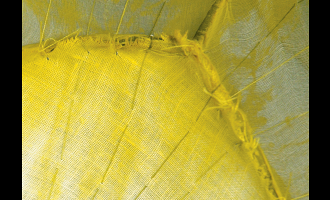 Keepers (detail), 2007, suspended mixed media construction: galvanized wire, seine twine, thread, linen, silk,  polyester fiber, acrylic paint -- yellow, and link to: sculpture: inflorescence13