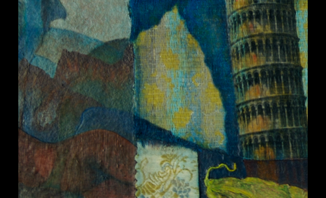 image: Equipoise III (detail), 2002, mixed media collage: appropriated imagery (acrylic transfers, dried organic matter, paper),   fabric, acrylic paint  blue and yellow-greens, and link to: twodimensional: Equipoise4