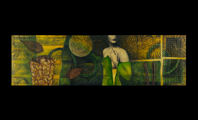 image: Equipoise I, 2001, mixed media collage: appropriated imagery (acrylic transfers, dried organic matter, paper), fabric,   acrylic paint (7" x 21.75", mounted on framed support 1.5” deep) yellows and greens, and link to: twodimensional: Equipoise5
