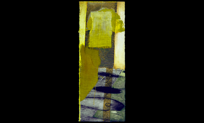 image: Hope you see the playa lakes, 2008, mixed media collage: acrylic transfer, acrylic paint, fabric (10.75" x 4.75"   mounted on framed support 1.25” deep) yellows and greens, and link to: two-dimensional: Hopes and Wishes5