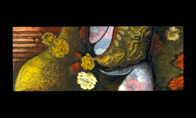image: Deep Sea, 2001, mixed media collage: acrylic transfers, acrylic paint, appropriated imagery (2 3/4" x 7 1/4") yellows, oranges and greens, and link to: two-dimensional: Wandering3